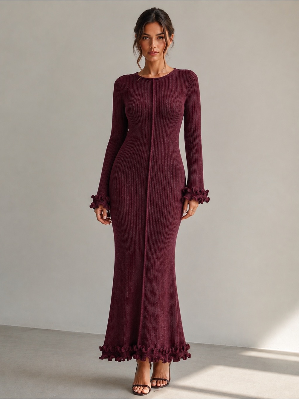 COMMENSE Semi Sheer Piping Ruffle Knit Dress